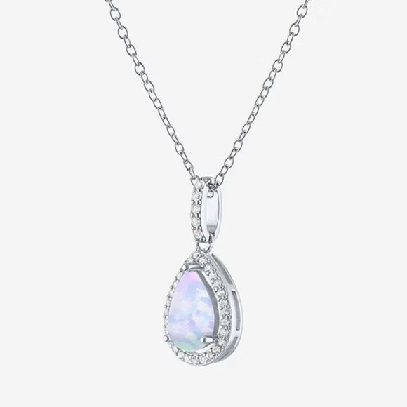 Womens Lab Created White Opal Sterling Silver Pear 18 Inch Pendant Necklace - Picture 5 of 5